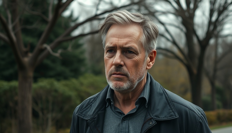 Middle-aged man walking outdoors contemplating major events.