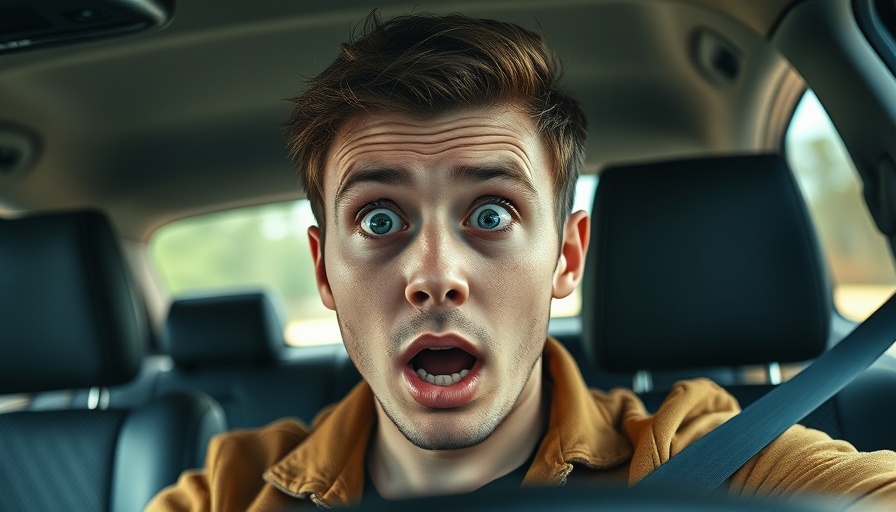 Surprised young man in car reacting during Bitcoin breakout analysis.