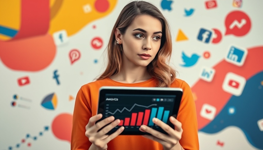 Confident woman with digital tablet amid social media icons, social media video trends.