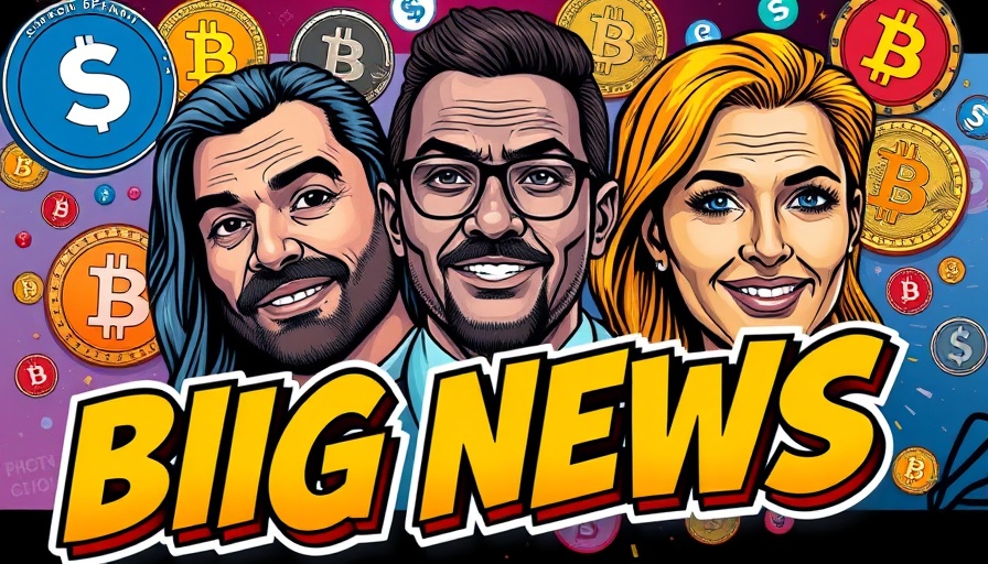 Bitcoin news collage with cryptocurrency logos and people.