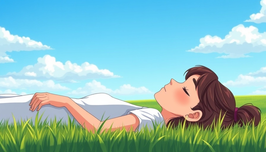 Restful young woman on grass embracing peace, promoting mental health.