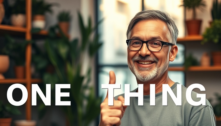 Smiling man pointing in cozy room with 'ONE THING' text, OCD concept.