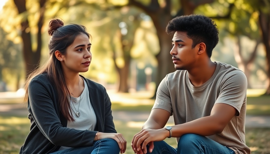 Friends talking in a park conveying support, mental health focus.