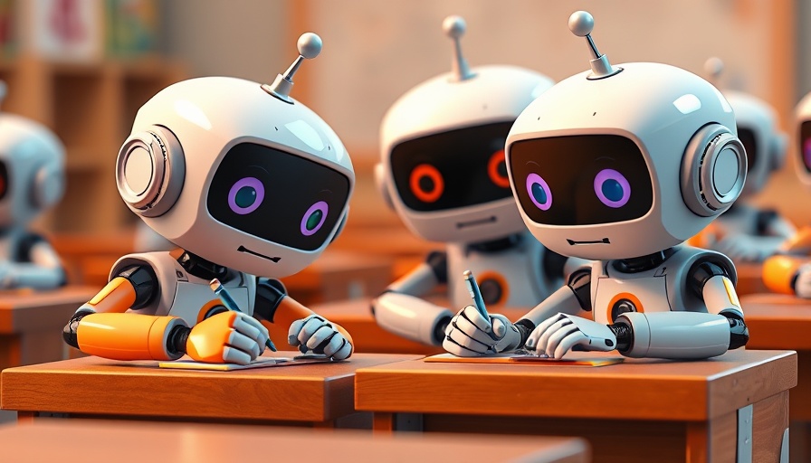 3D cartoon robots writing together, AI in digital marketing theme.