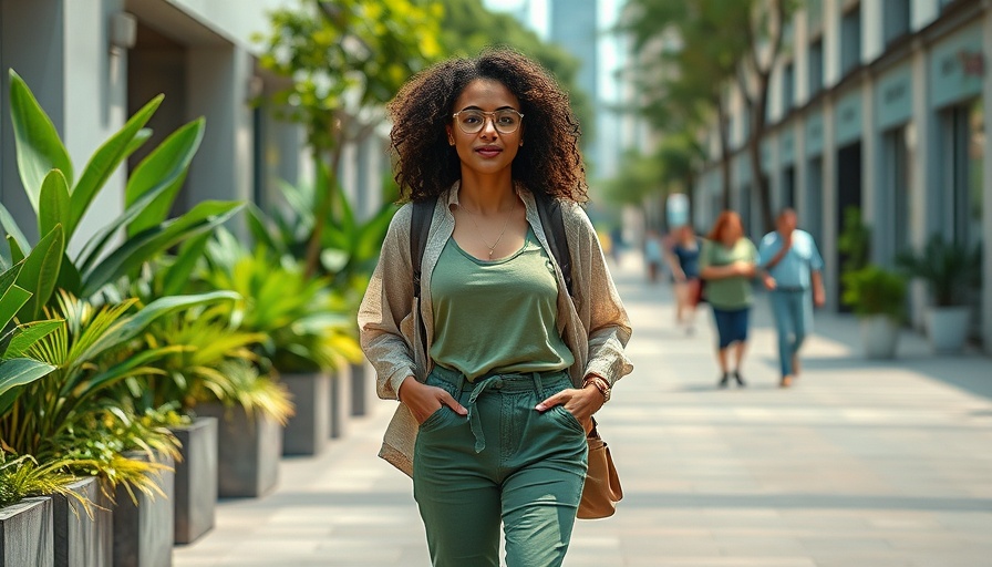 Model showcasing sustainable fashion trends 2025 in urban setting.