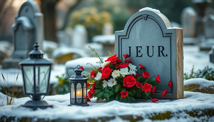 Types of Standing Grave Markers - snow-covered grave with flowers and lantern.