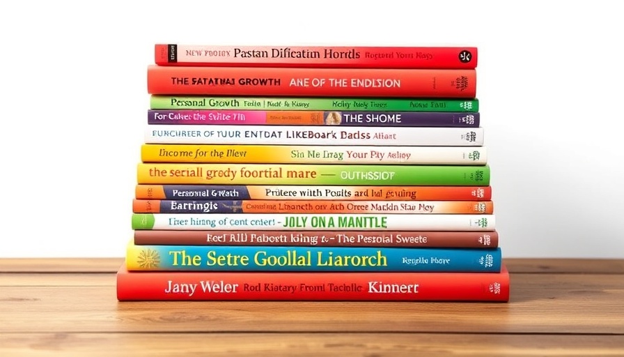 Personal growth books stacked on a wooden table.
