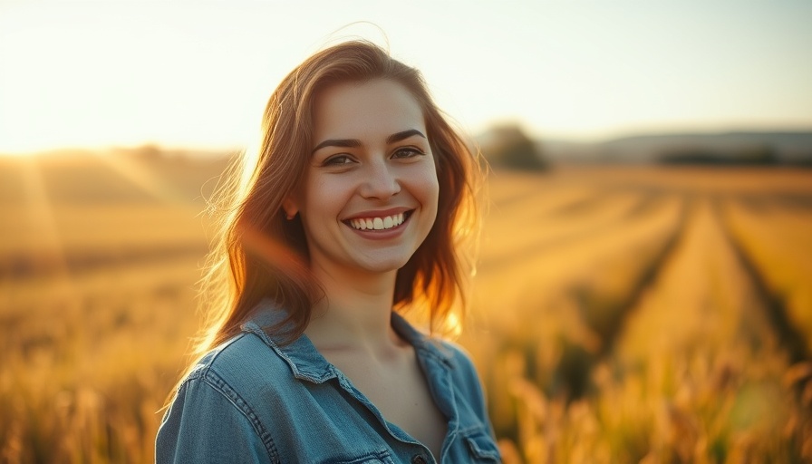Smiling woman in a sunlit field, symbolic of workplace peace.