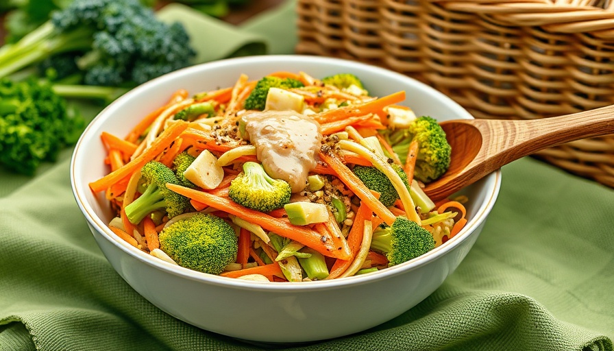 Broccoli and carrot slaw with miso dressing in a picnic setting.