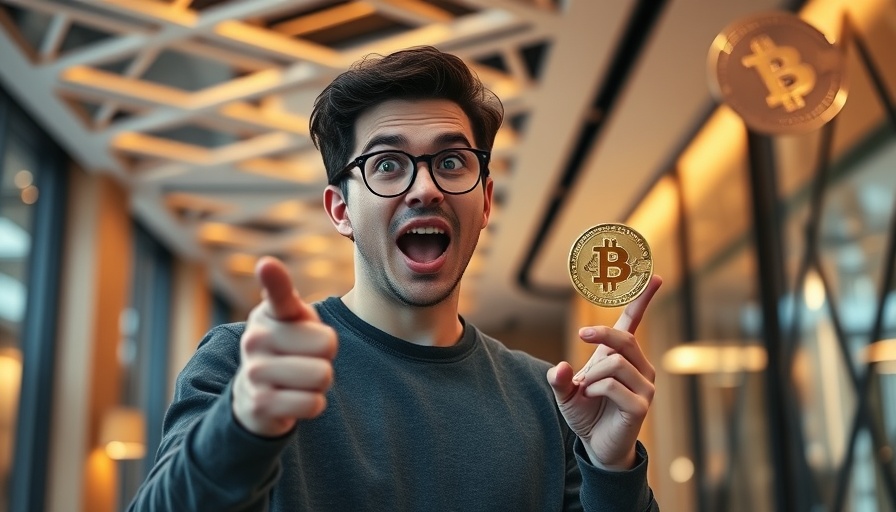 Young man excited about Bitcoin price movements, pointing in a modern setting.