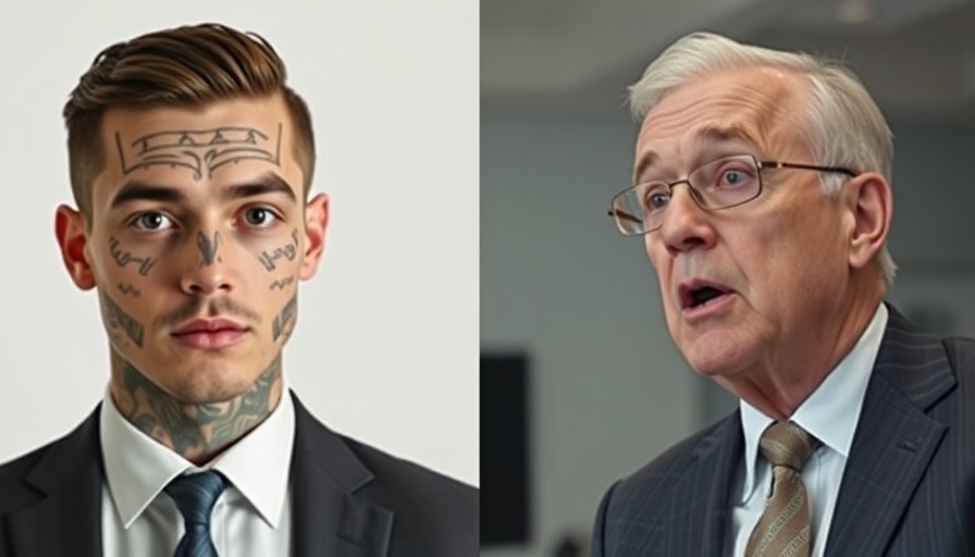 Side-by-side images of a tattooed individual and a man speaking.