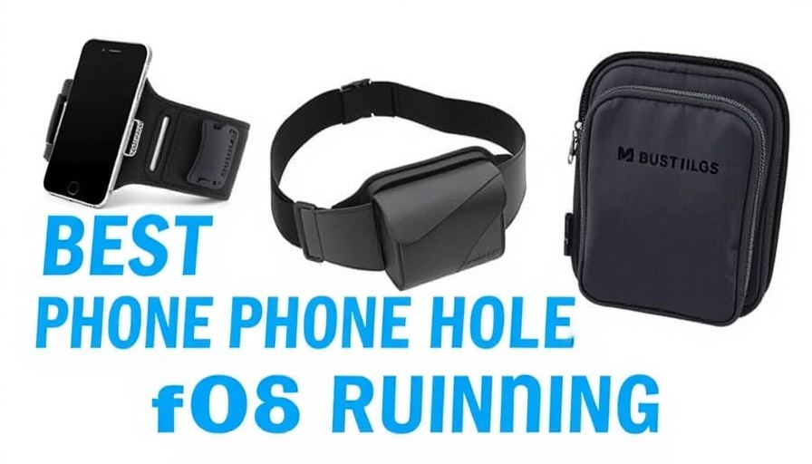 Collage of phone holders for running with bold text and URL.