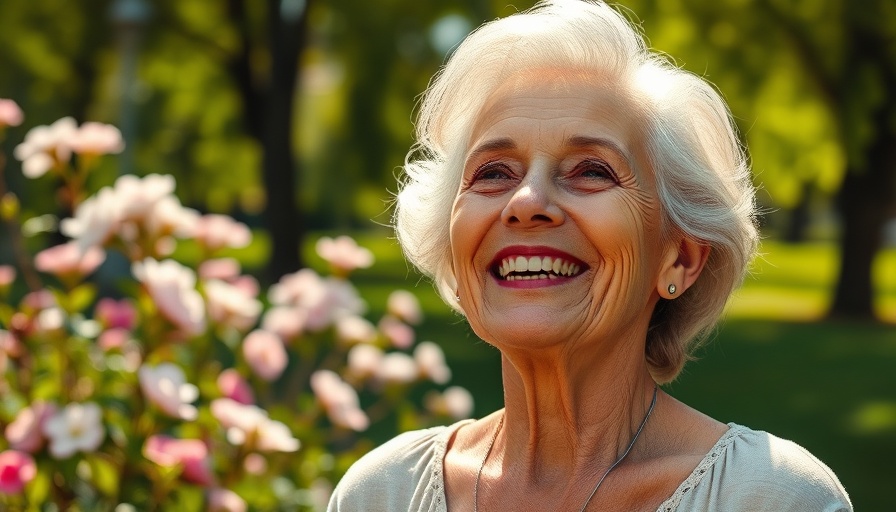Radiant older woman with youthful glow in sunny park