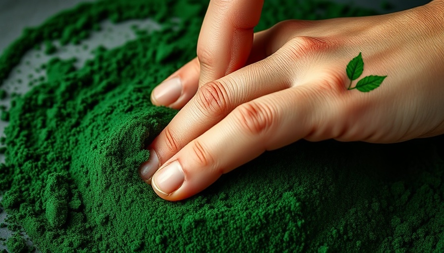 Close-up of spirulina powder with health symbols, spirulina health benefits emphasized.