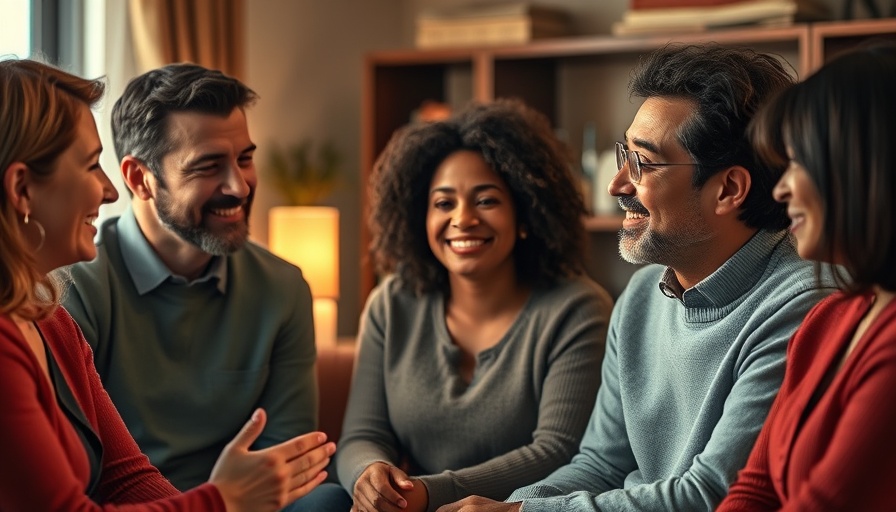 Diverse group providing mental health support in warm-lit room.