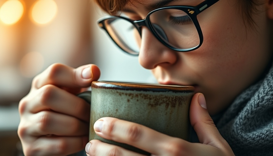 Close-up of person with glasses sipping coffee.