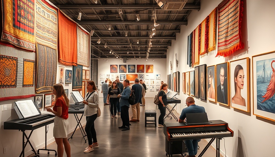 Modern art display with textiles and keyboards at Expo Chicago 2025.