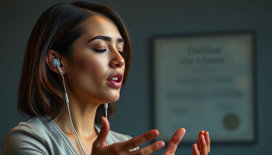 Speaker rethinking depression in office setting, engaged gesture.