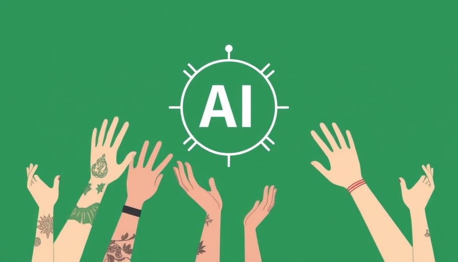 Stylized AI digital marketing concept with hands and AI icon.