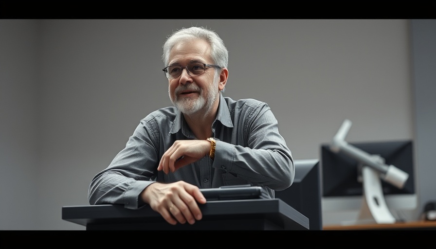 Friendly middle-aged man leaning thoughtfully in an educational setting, promoting mental health advocacy.