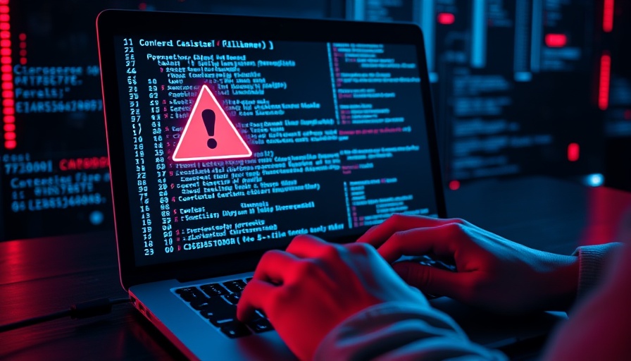 Cybersecurity alert with code overlay on laptop screen.