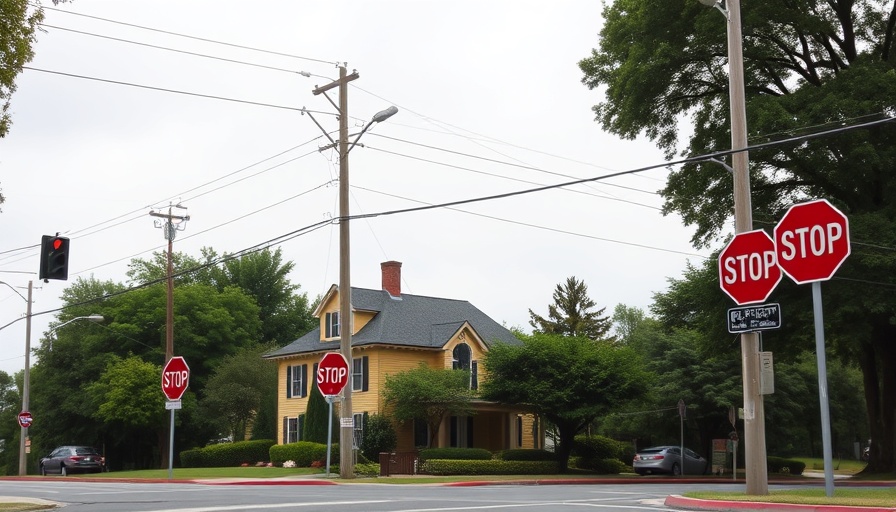 Quaint suburban intersection with stop signs near a yellow house.