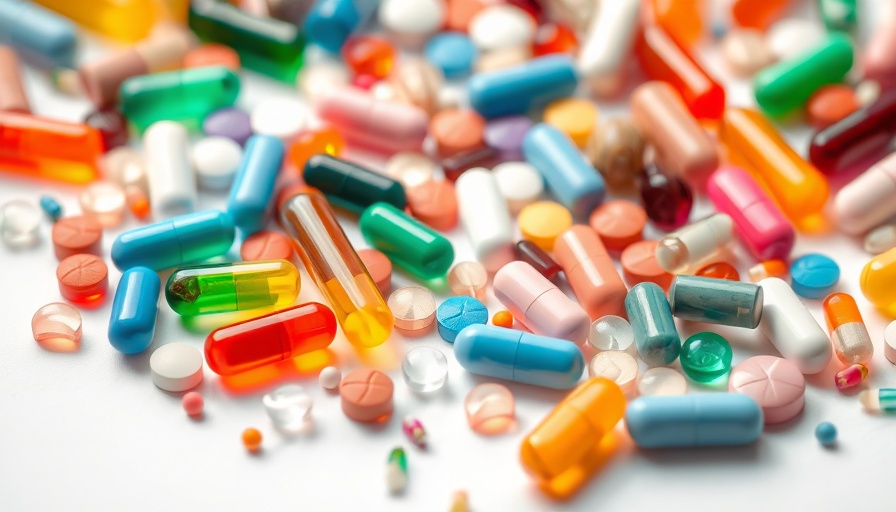Close-up of colorful ADHD meds and anxiety pills scattered on white background