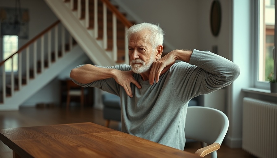 Elderly man demonstrating shoulder mobility exercise at table indoors.