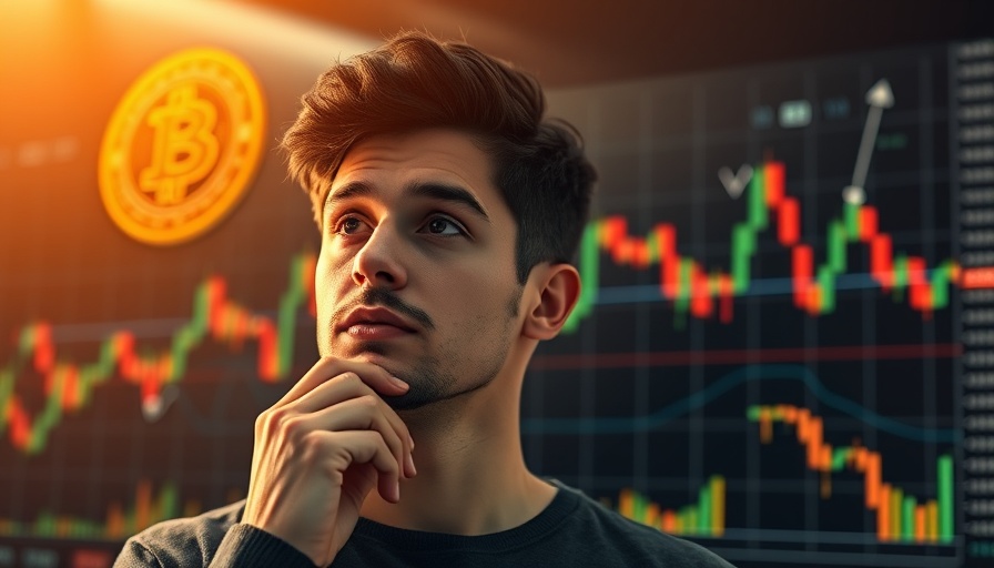 Young man considers buying the dip in Bitcoin, market chart in background.