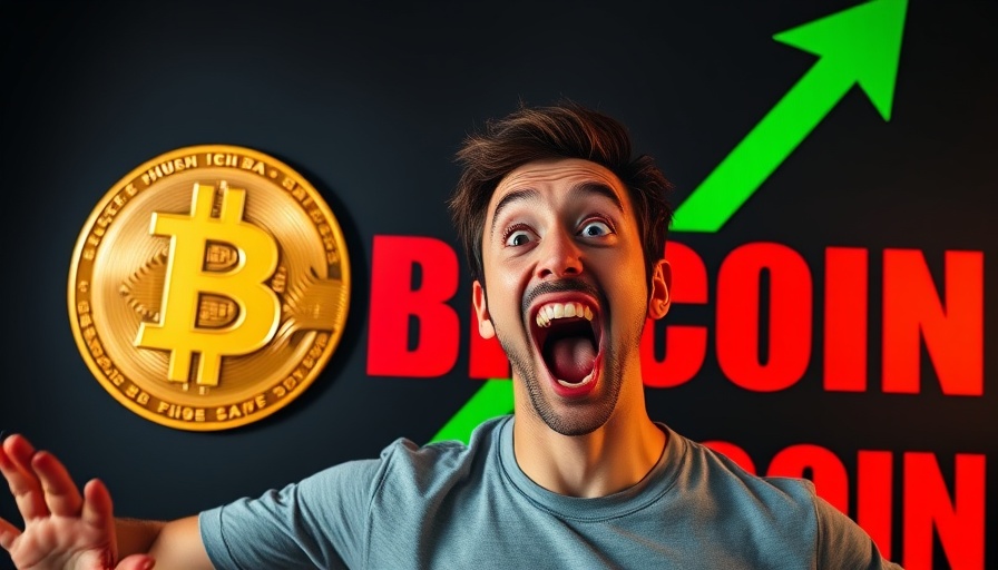 Bitcoin FOMO concept with excited person and rising Bitcoin symbol.