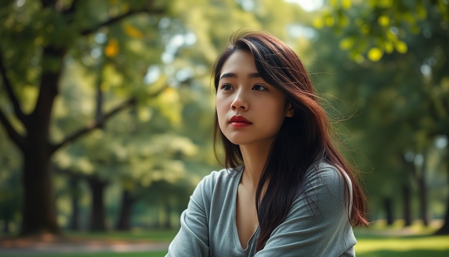 Woman in park reflecting on anxiety disorders, serene setting.