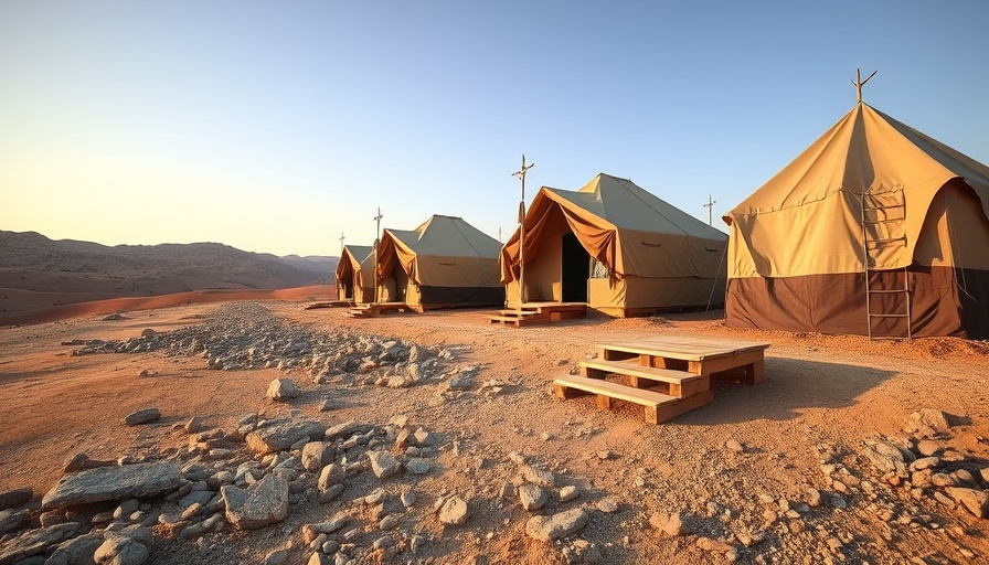 Military camp tents along rocky path at daytime, showcasing rustic setup.