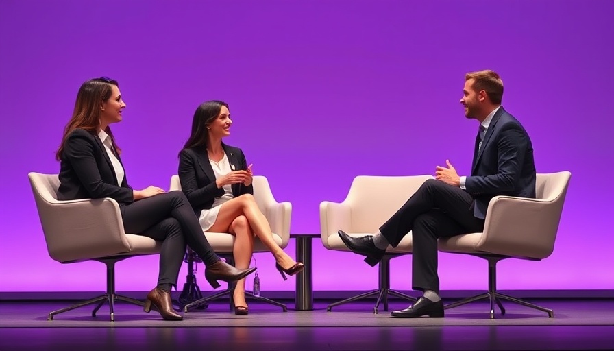 Engaged professionals discussing AI in digital marketing on stage.