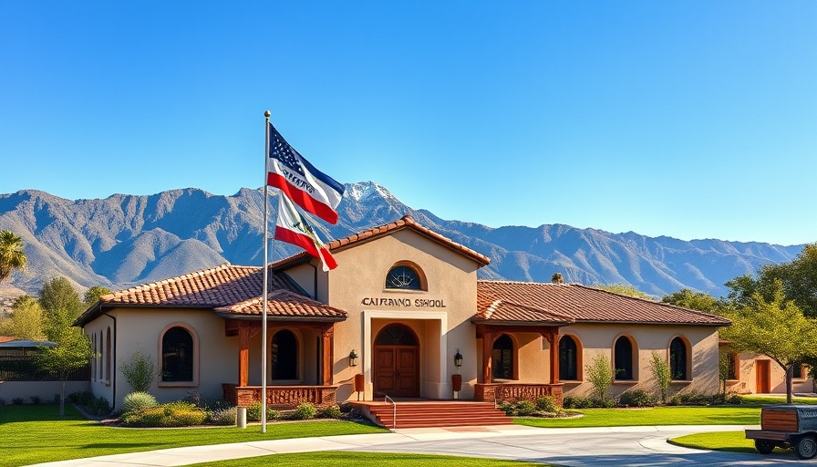 Southern California school under blue sky with flags and mountains.