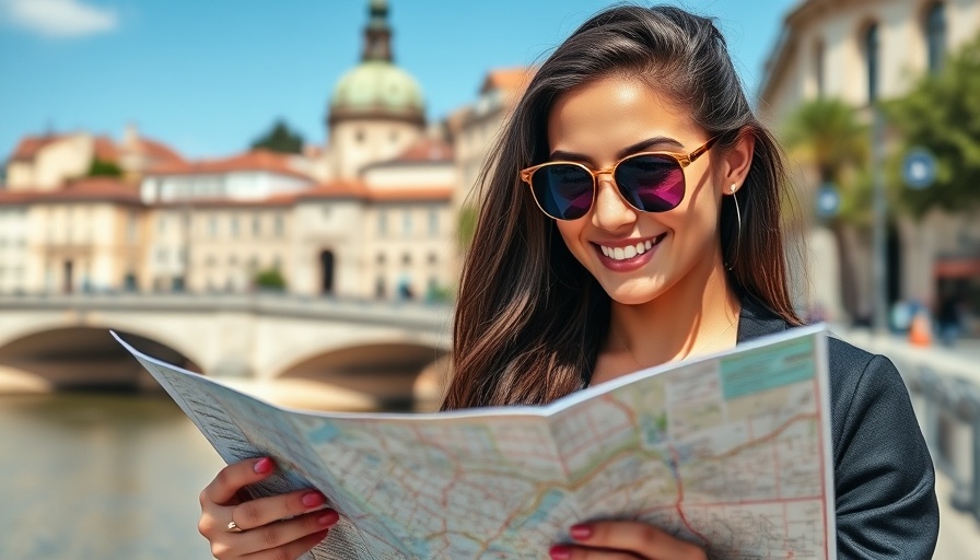 Stylish young woman with map by river, status symbols in marketing.