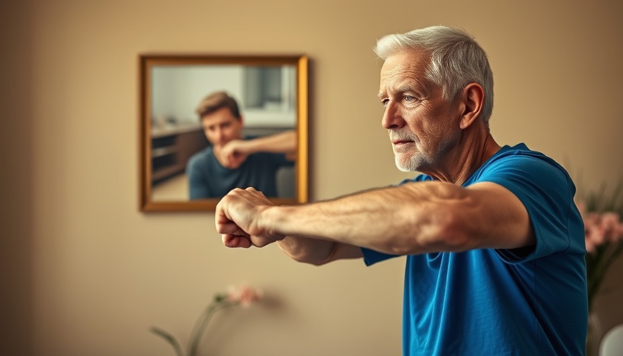 Elderly man exercises against wall, demonstrating flatten your stomach move.