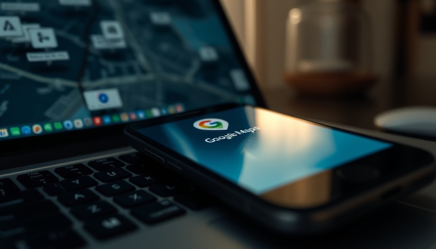 Google Maps app icon on phone over keyboard, local searches.