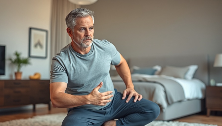 Man demonstrating pelvic floor relief exercise in bedroom.