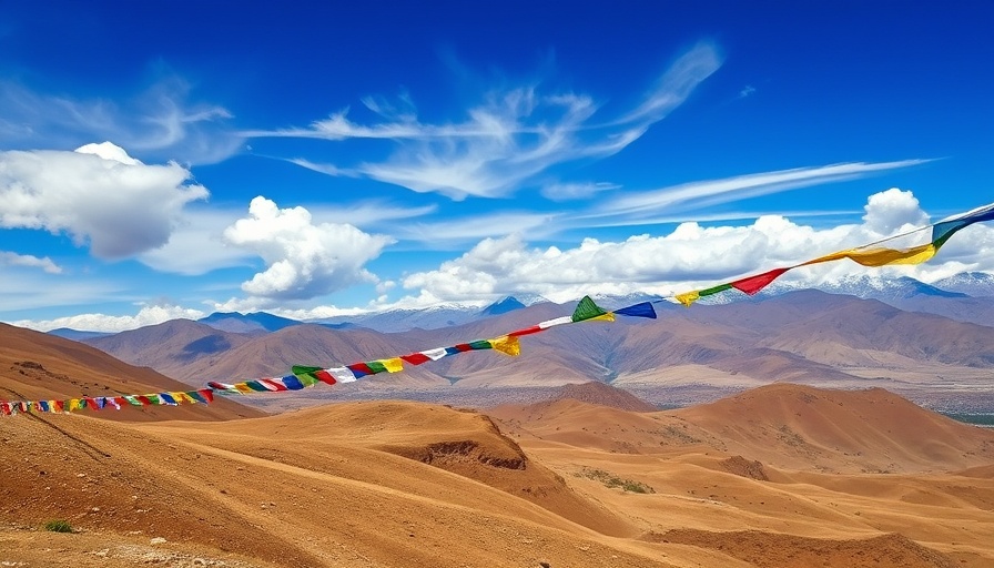 Expansive Tibetan Himalayan landscape with rolling hills and prayer flags.