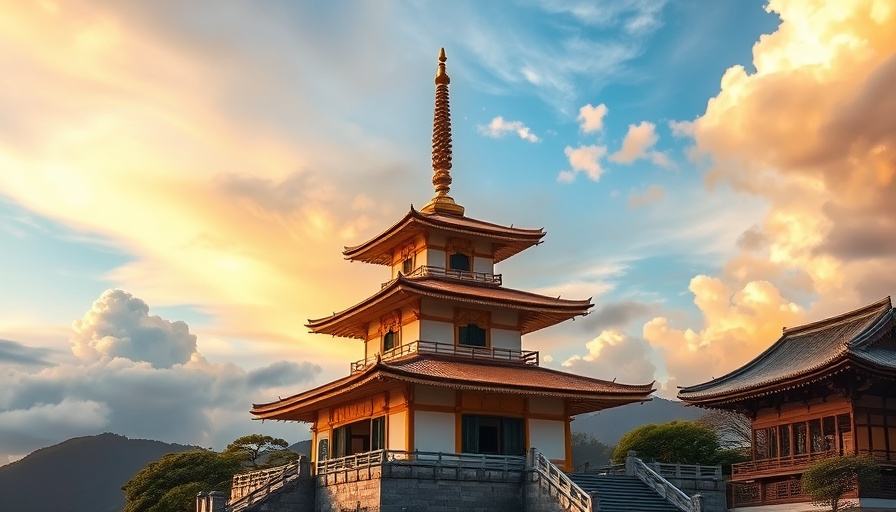 Serene pagoda set against vibrant sky evokes Pure Land mental health.