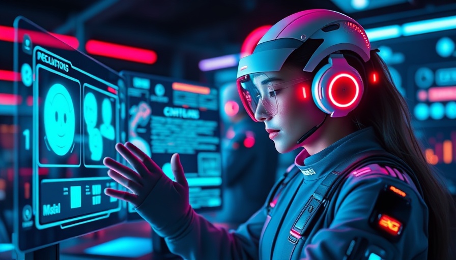 Futuristic virtual assistant engaging with holographic interface.