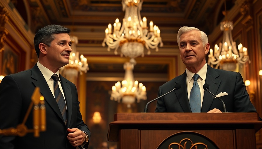 Formal event with two men, one at podium, in grand hall.