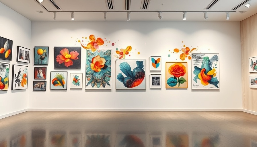 Dynamic contemporary art wall display with colorful framed pieces.
