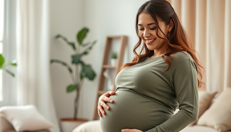 Pregnant woman in sustainable fashion, indoor setting.