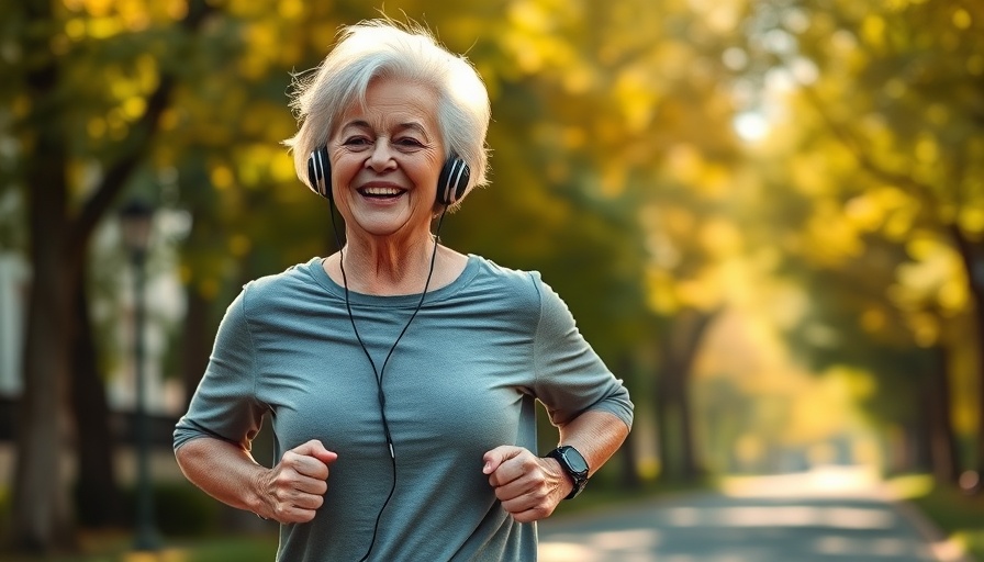 Positive elderly woman jogging in the morning sunlight.