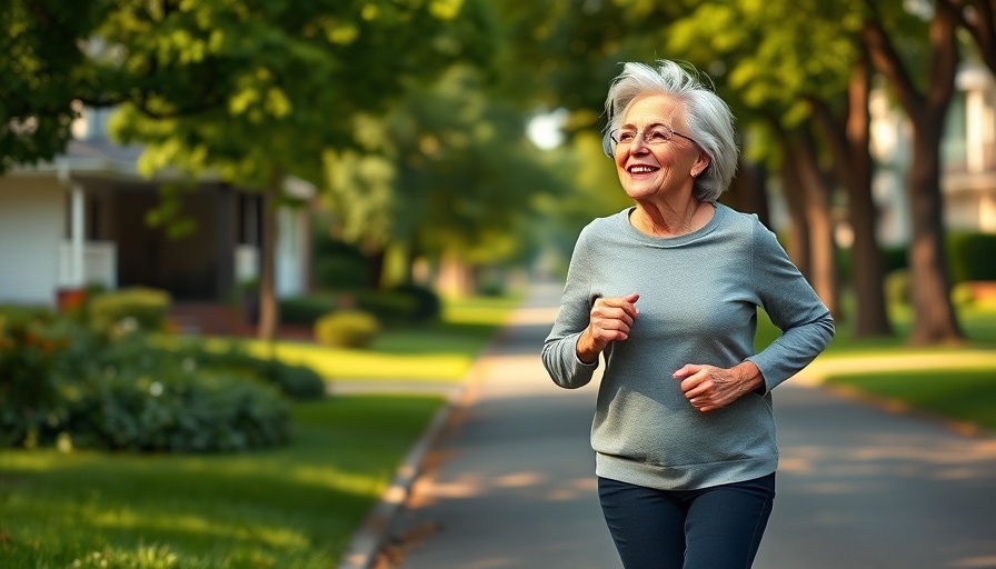 Morning habits for optimism in aging: Elderly woman jogging joyfully in a sunny neighborhood.