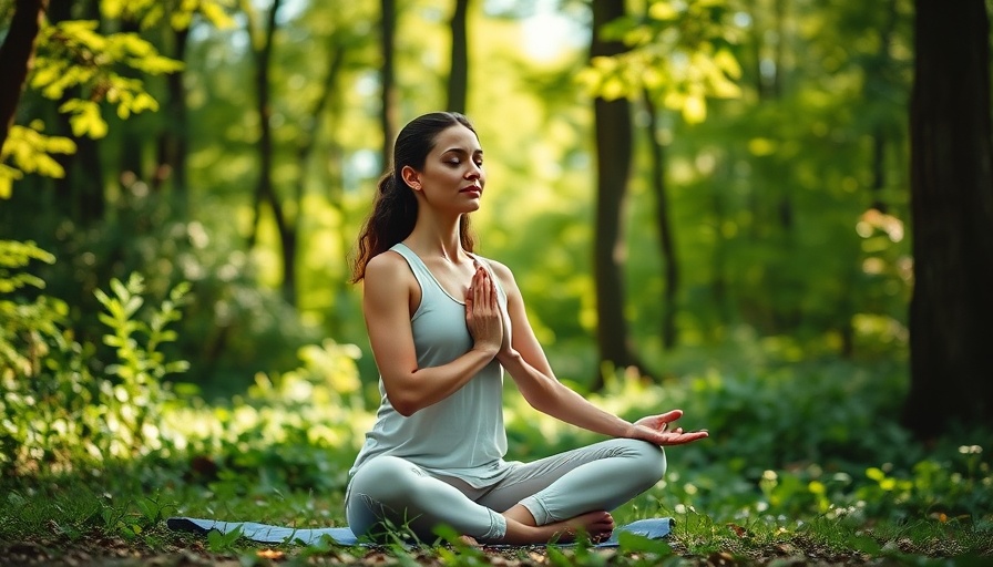 Woman meditating outdoors in lush forest for wellness.