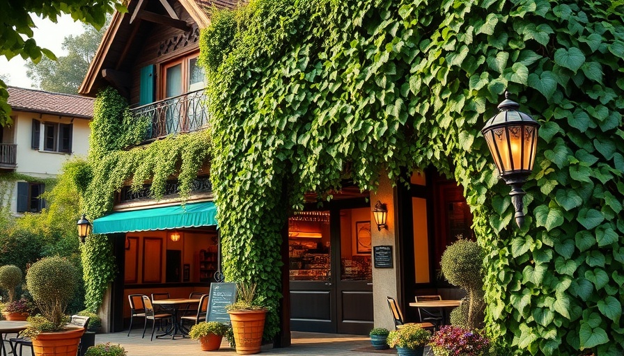 Charming South African restaurant exterior surrounded by lush greenery.