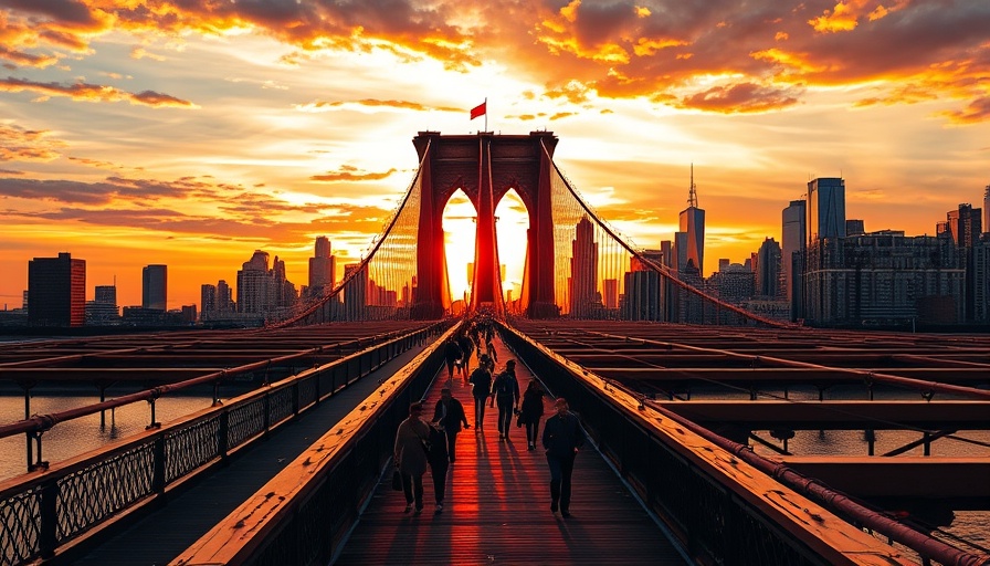 Sunset meditative walk across a famous bridge with vibrant sky.