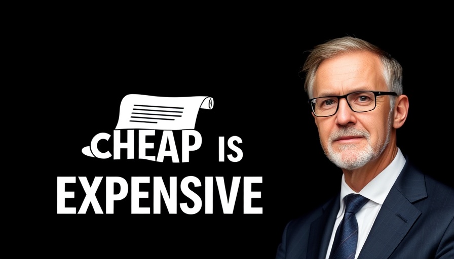 Minimalistic graphic stating 'Cheap is Expensive' in business with abstract scroll.